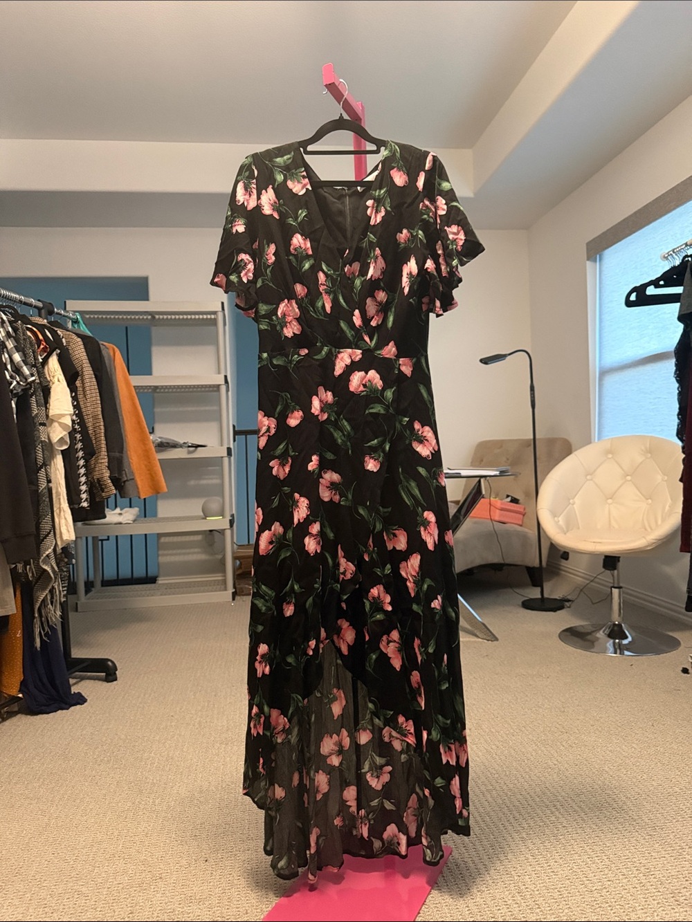 Black Maxi Dress with Pink Floral Print - V-Neck Flutter Sleeve